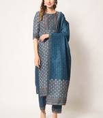 Beautiful Teal Blue Colour Muslin Salwaar Kameez With Smart Print And Sequins Work