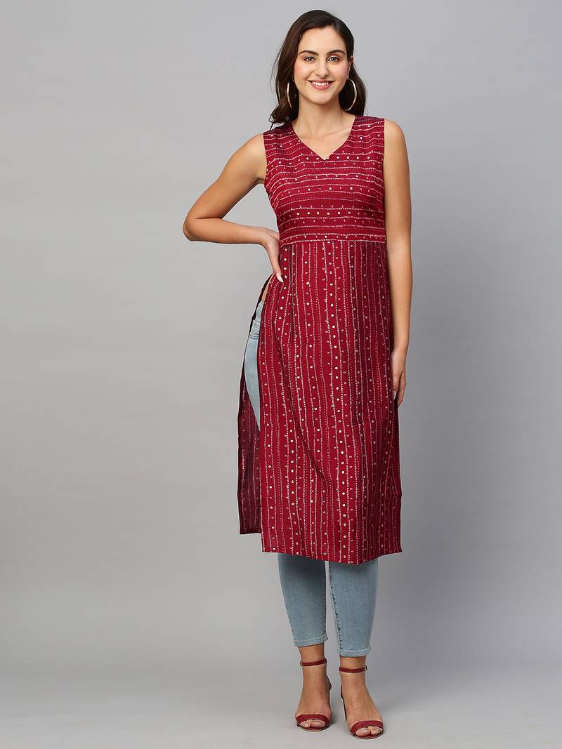 Beautiful Mill Foil Printed Red Colour Amazing Looking Fancy Kurti