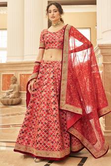 Wonderful Red Embroidered Art Silk Wedding Wear Lehenga Choli  