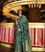 Green Kihaarika Womens Silk Blend Woven Design Handloom Saree with Unstitched Blouse
