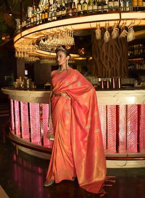 Peach Kihaarika Womens Silk Blend Woven Design Handloom Saree with Blouse 1