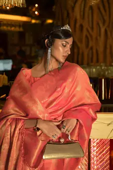Peach Kihaarika Womens Silk Blend Woven Design Handloom Saree with Blouse