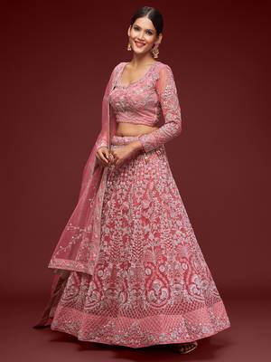 Glamorous Coral Embroidered Net Wedding Wear Lehenga Choli   1