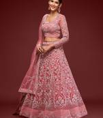 Glamorous Coral Embroidered Net Wedding Wear Lehenga Choli  