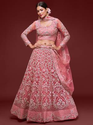 Glamorous Coral Embroidered Net Wedding Wear Lehenga Choli   2