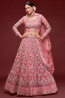 Glamorous Coral Embroidered Net Wedding Wear Lehenga Choli  