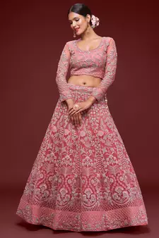Glamorous Coral Embroidered Net Wedding Wear Lehenga Choli  