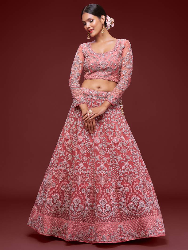 Glamorous Coral Embroidered Net Wedding Wear Lehenga Choli  