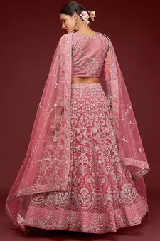 Glamorous Coral Embroidered Net Wedding Wear Lehenga Choli  