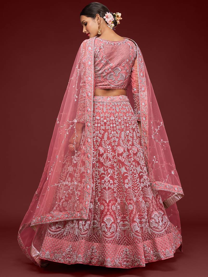 Glamorous Coral Embroidered Net Wedding Wear Lehenga Choli  