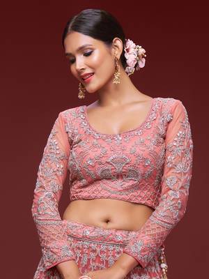 Glamorous Coral Embroidered Net Wedding Wear Lehenga Choli   5