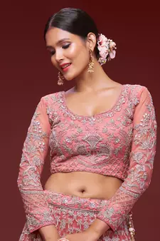 Glamorous Coral Embroidered Net Wedding Wear Lehenga Choli  