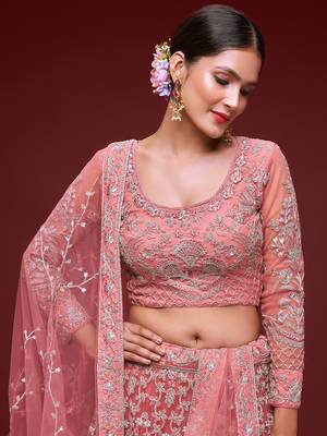 Glamorous Coral Embroidered Net Wedding Wear Lehenga Choli   6