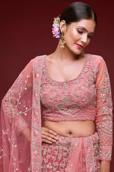 Glamorous Coral Embroidered Net Wedding Wear Lehenga Choli  