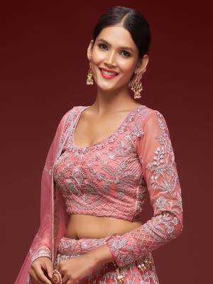 Glamorous Coral Embroidered Net Wedding Wear Lehenga Choli   7