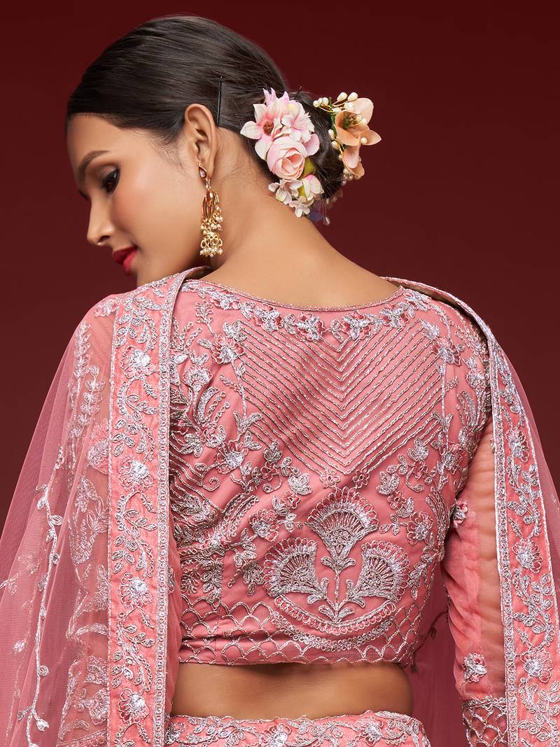 Glamorous Coral Embroidered Net Wedding Wear Lehenga Choli  