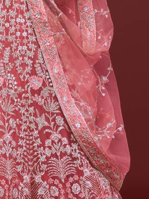 Glamorous Coral Embroidered Net Wedding Wear Lehenga Choli   9