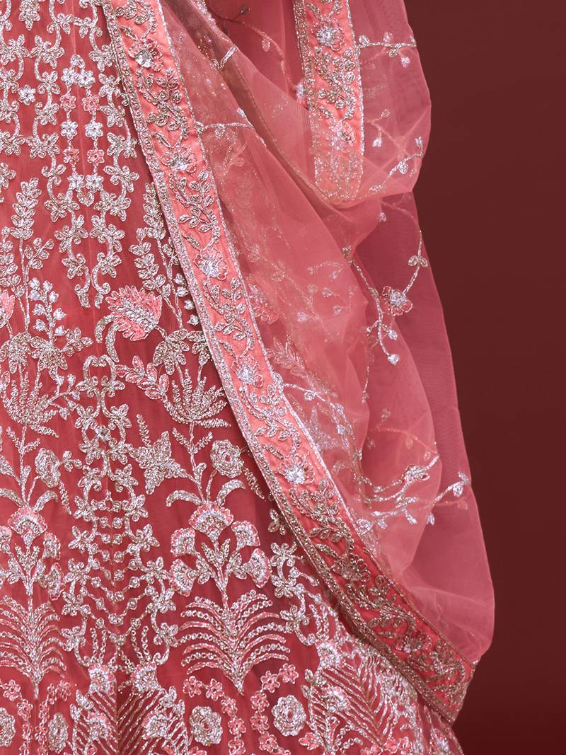Glamorous Coral Embroidered Net Wedding Wear Lehenga Choli  