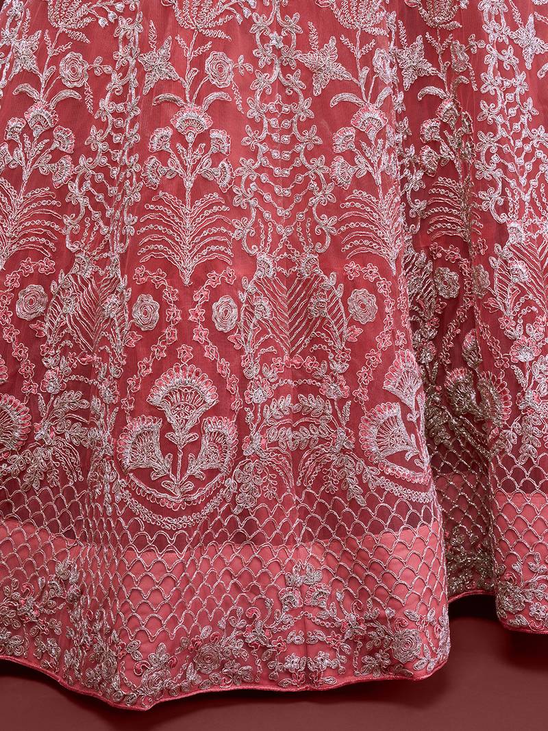 Glamorous Coral Embroidered Net Wedding Wear Lehenga Choli  