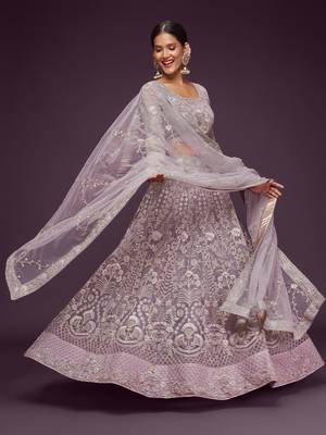 lilac embroidered net lehenga set choli with dupatta 1