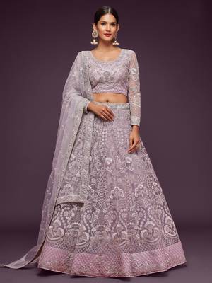 lilac embroidered net lehenga set choli with dupatta 3