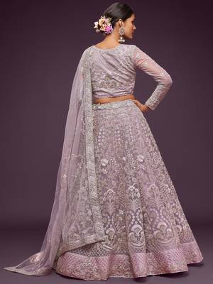 lilac embroidered net lehenga set choli with dupatta 4