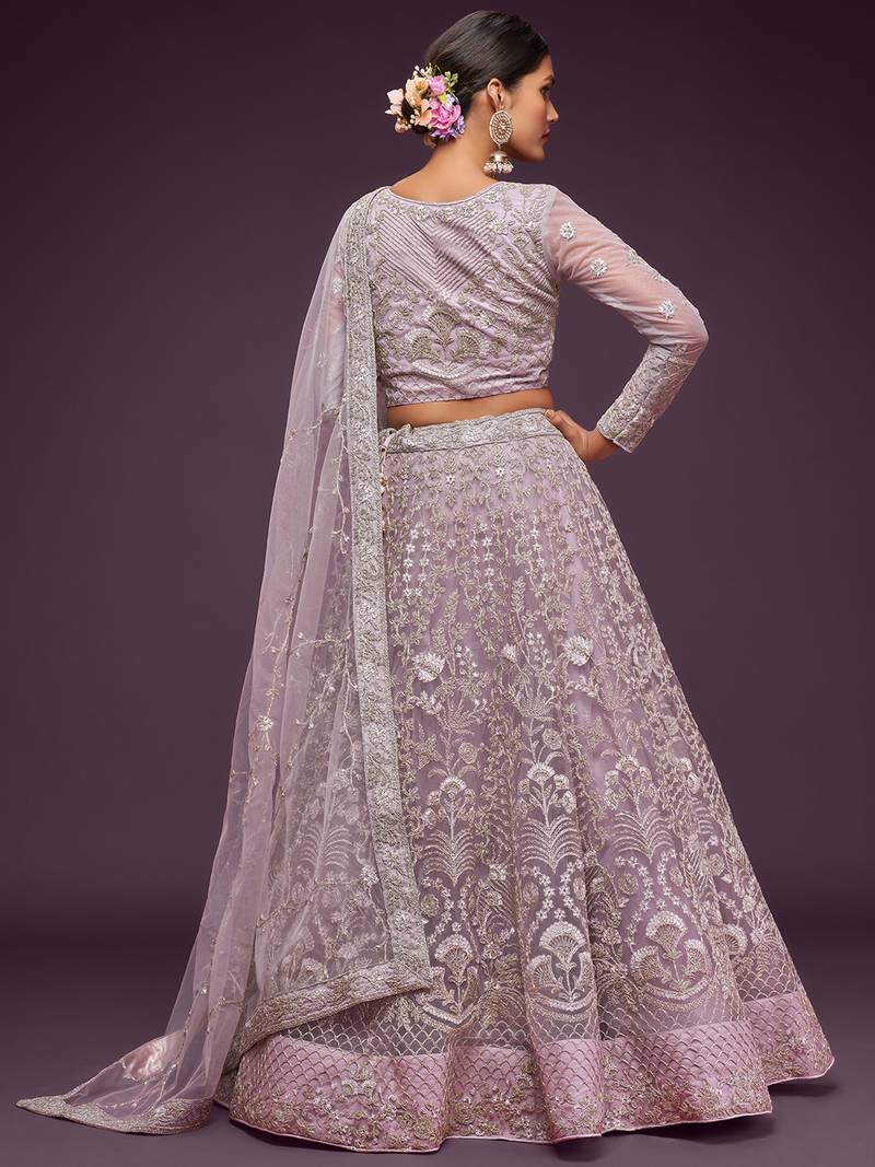 Glamorous Lilac Embroidered Net Wedding Wear Lehenga Choli  