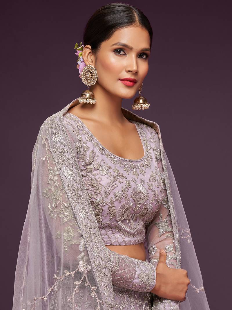 Glamorous Lilac Embroidered Net Wedding Wear Lehenga Choli  