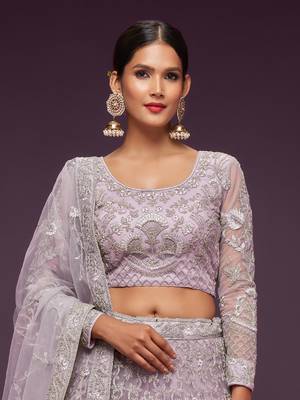 lilac embroidered net lehenga set choli with dupatta 6