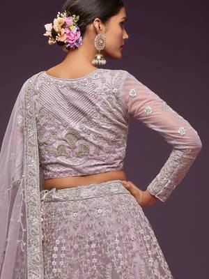 lilac embroidered net lehenga set choli with dupatta 7
