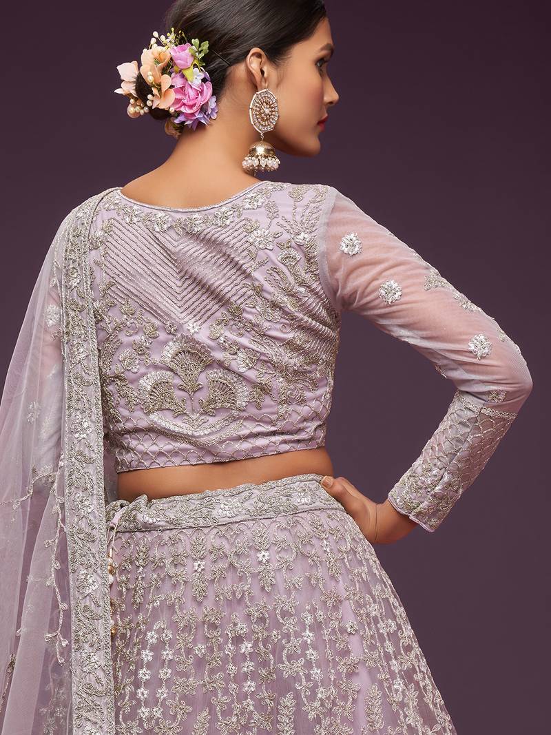 Glamorous Lilac Embroidered Net Wedding Wear Lehenga Choli  