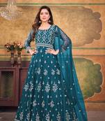 Teal-blue embroidered net salwar kameez