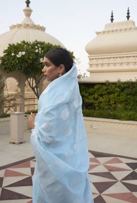 Sky Blue Kevaah Linen Fancy Styles Designer Linen Saree 3