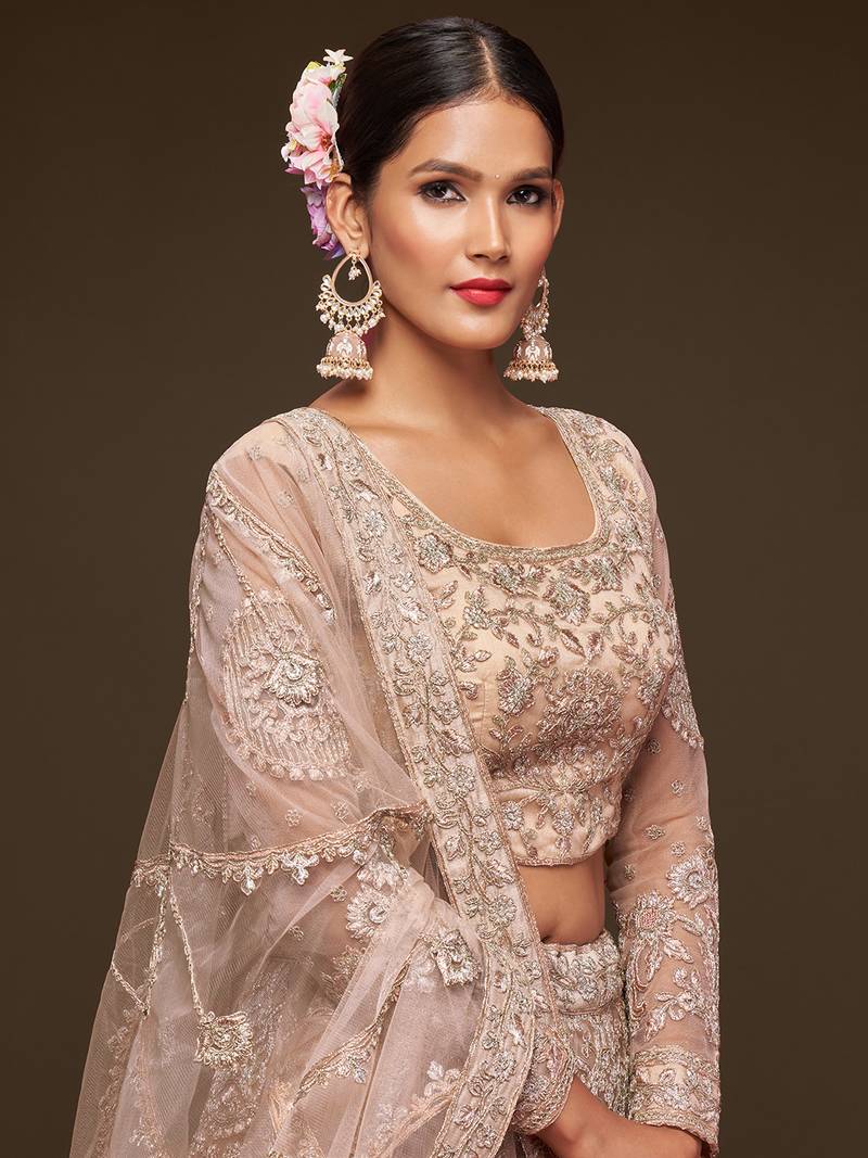  Beige Embroidered Net Lehenga Choli  