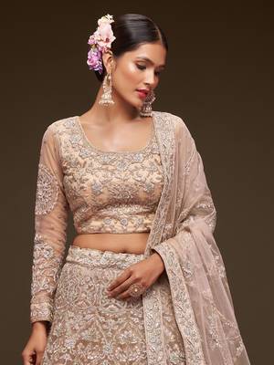  Beige Embroidered Net Lehenga Choli   5