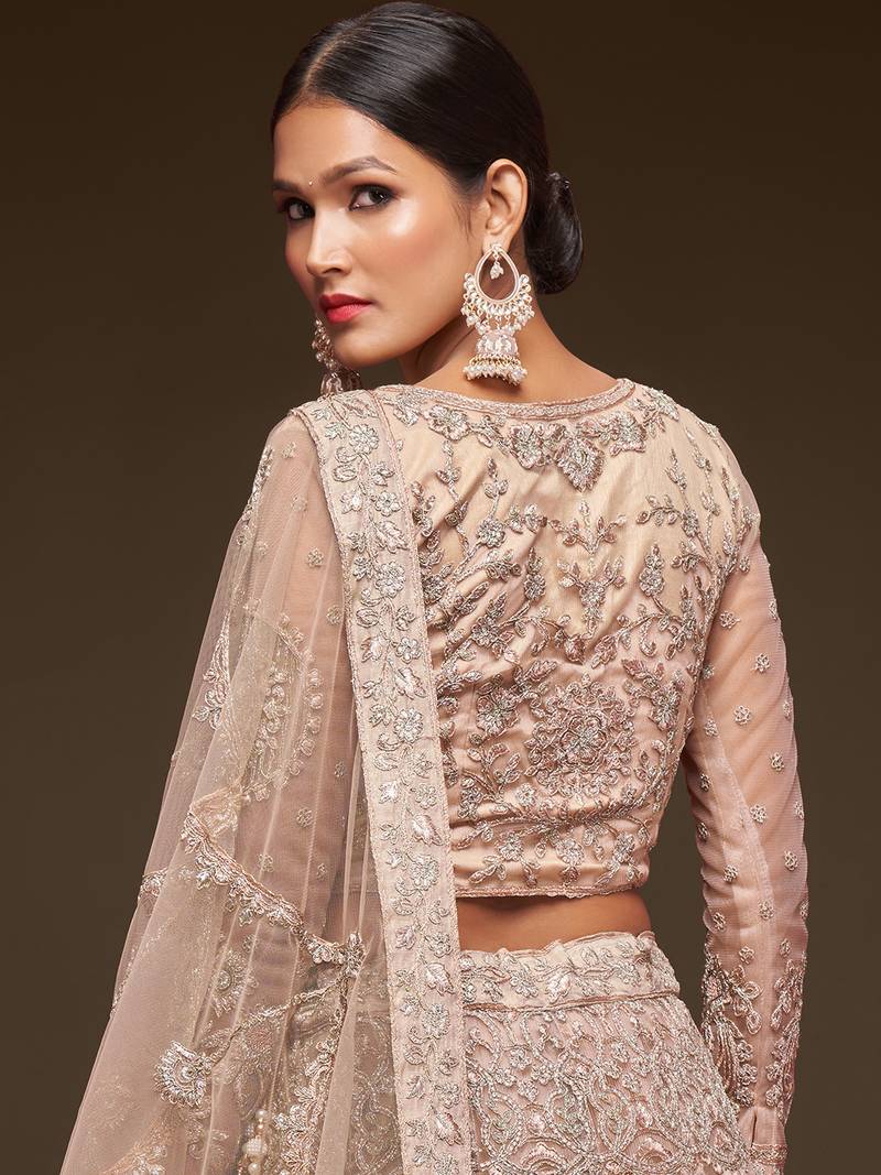  Beige Embroidered Net Lehenga Choli  