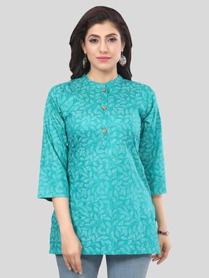 Green printed rayon short-kurtis 1