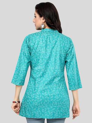 Green printed rayon short-kurtis 2