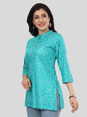 Green printed rayon short-kurtis 3