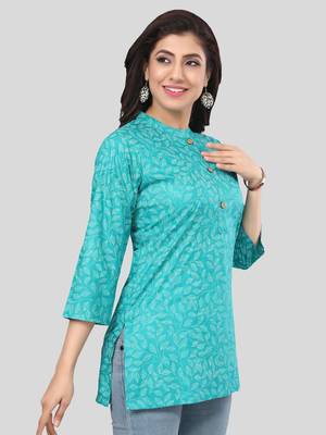 Green printed rayon short-kurtis 4