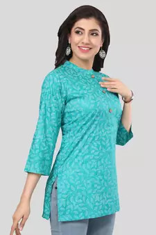 Green printed rayon short-kurtis