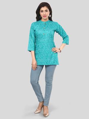 Green printed rayon short-kurtis 5
