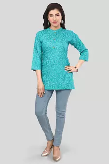 Green printed rayon short-kurtis