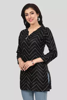 Black printed rayon short-kurtis