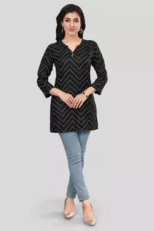 Black printed rayon short-kurtis