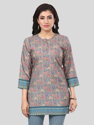 Beige printed crepe short-kurtis 1
