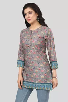 Beige printed crepe short-kurtis