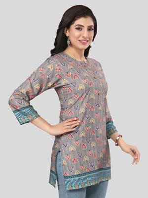 Beige printed crepe short-kurtis 4