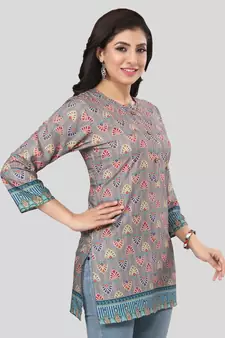Beige printed crepe short-kurtis