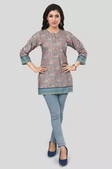 Beige printed crepe short-kurtis
